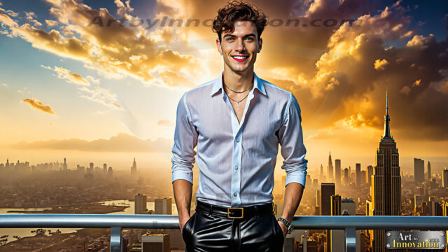 The Men of the Golden City is a collection of AI generated images of beautiful, glamorous, handsome guys in the heavens. The heavenly landscape evokes a sense of magnificence, the majestic gothic architecture, is detailed and crafted to create an atmosphere of reverence and divine glory. The mystical and galactic landscape highlights the golden city. The great detail of the city and the billowing clouds. A golden river flows from the city to the end of the galaxy. The vast galaxy almost covers the image. The stars and constellations sparkle in the galaxy. The city has massive, magnificent, majestic gothic architecture.