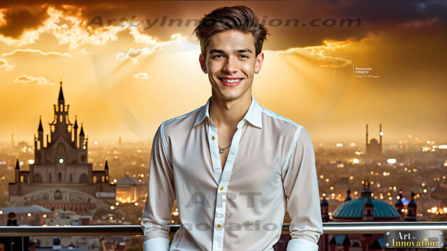 The Men of the Golden City is a collection of AI generated images of beautiful, glamorous, handsome guys in the heavens. The heavenly landscape evokes a sense of magnificence, the majestic gothic architecture, is detailed and crafted to create an atmosphere of reverence and divine glory. The mystical and galactic landscape highlights the golden city. The great detail of the city and the billowing clouds. A golden river flows from the city to the end of the galaxy. The vast galaxy almost covers the image. The stars and constellations sparkle in the galaxy. The city has massive, magnificent, majestic gothic architecture.