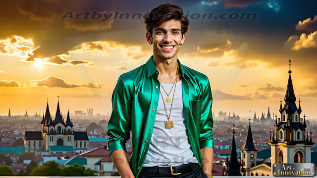 The Men of the Golden City is a collection of AI generated images of beautiful, glamorous, handsome guys in the heavens. The heavenly landscape evokes a sense of magnificence, the majestic gothic architecture, is detailed and crafted to create an atmosphere of reverence and divine glory. The mystical and galactic landscape highlights the golden city. The great detail of the city and the billowing clouds. A golden river flows from the city to the end of the galaxy. The vast galaxy almost covers the image. The stars and constellations sparkle in the galaxy. The city has massive, magnificent, majestic gothic architecture.