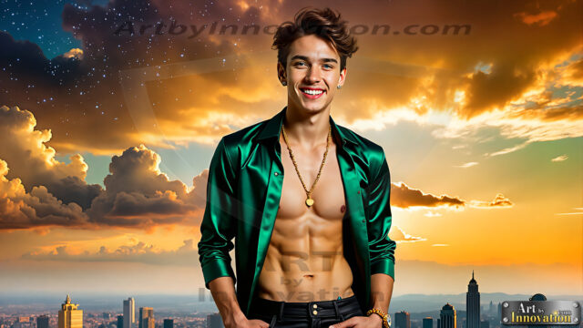 The Men of the Golden City is a collection of AI generated images of beautiful, glamorous, handsome guys in the heavens. The heavenly landscape evokes a sense of magnificence, the majestic gothic architecture, is detailed and crafted to create an atmosphere of reverence and divine glory. The mystical and galactic landscape highlights the golden city. The great detail of the city and the billowing clouds. A golden river flows from the city to the end of the galaxy. The vast galaxy almost covers the image. The stars and constellations sparkle in the galaxy. The city has massive, magnificent, majestic gothic architecture.
