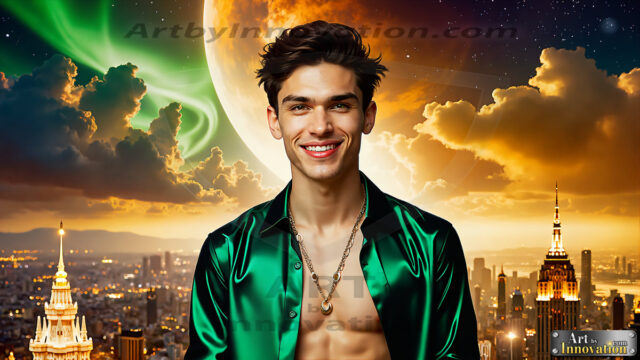 The Men of the Golden City is a collection of AI generated images of beautiful, glamorous, handsome guys in the heavens. The heavenly landscape evokes a sense of magnificence, the majestic gothic architecture, is detailed and crafted to create an atmosphere of reverence and divine glory. The mystical and galactic landscape highlights the golden city. The great detail of the city and the billowing clouds. A golden river flows from the city to the end of the galaxy. The vast galaxy almost covers the image. The stars and constellations sparkle in the galaxy. The city has massive, magnificent, majestic gothic architecture.