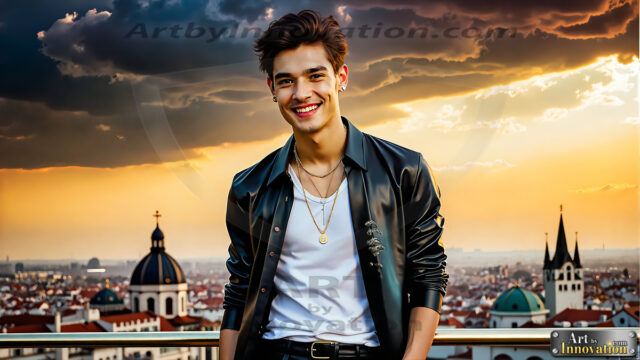 The Men of the Golden City is a collection of AI generated images of beautiful, glamorous, handsome guys in the heavens. The heavenly landscape evokes a sense of magnificence, the majestic gothic architecture, is detailed and crafted to create an atmosphere of reverence and divine glory. The mystical and galactic landscape highlights the golden city. The great detail of the city and the billowing clouds. A golden river flows from the city to the end of the galaxy. The vast galaxy almost covers the image. The stars and constellations sparkle in the galaxy. The city has massive, magnificent, majestic gothic architecture.