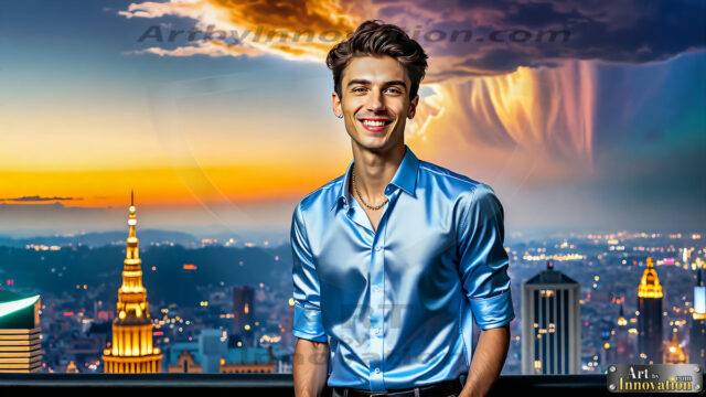 The Men of the Golden City is a collection of AI generated images of beautiful, glamorous, handsome guys in the heavens. The heavenly landscape evokes a sense of magnificence, the majestic gothic architecture, is detailed and crafted to create an atmosphere of reverence and divine glory. The mystical and galactic landscape highlights the golden city. The great detail of the city and the billowing clouds. A golden river flows from the city to the end of the galaxy. The vast galaxy almost covers the image. The stars and constellations sparkle in the galaxy. The city has massive, magnificent, majestic gothic architecture.