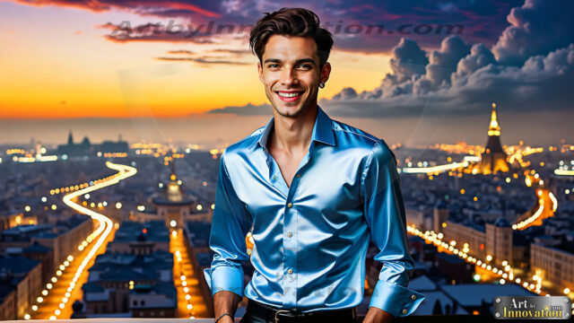 The Men of the Golden City is a collection of AI generated images of beautiful, glamorous, handsome guys in the heavens. The heavenly landscape evokes a sense of magnificence, the majestic gothic architecture, is detailed and crafted to create an atmosphere of reverence and divine glory. The mystical and galactic landscape highlights the golden city. The great detail of the city and the billowing clouds. A golden river flows from the city to the end of the galaxy. The vast galaxy almost covers the image. The stars and constellations sparkle in the galaxy. The city has massive, magnificent, majestic gothic architecture.