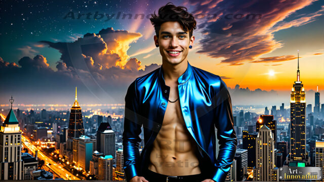 The Men of the Golden City is a collection of AI generated images of beautiful, glamorous, handsome guys in the heavens. The heavenly landscape evokes a sense of magnificence, the majestic gothic architecture, is detailed and crafted to create an atmosphere of reverence and divine glory. The mystical and galactic landscape highlights the golden city. The great detail of the city and the billowing clouds. A golden river flows from the city to the end of the galaxy. The vast galaxy almost covers the image. The stars and constellations sparkle in the galaxy. The city has massive, magnificent, majestic gothic architecture.