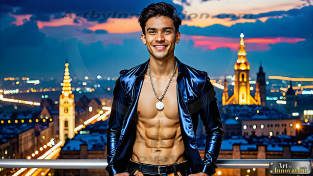 The Men of the Golden City is a collection of AI generated images of beautiful, glamorous, handsome guys in the heavens. The heavenly landscape evokes a sense of magnificence, the majestic gothic architecture, is detailed and crafted to create an atmosphere of reverence and divine glory. The mystical and galactic landscape highlights the golden city. The great detail of the city and the billowing clouds. A golden river flows from the city to the end of the galaxy. The vast galaxy almost covers the image. The stars and constellations sparkle in the galaxy. The city has massive, magnificent, majestic gothic architecture.