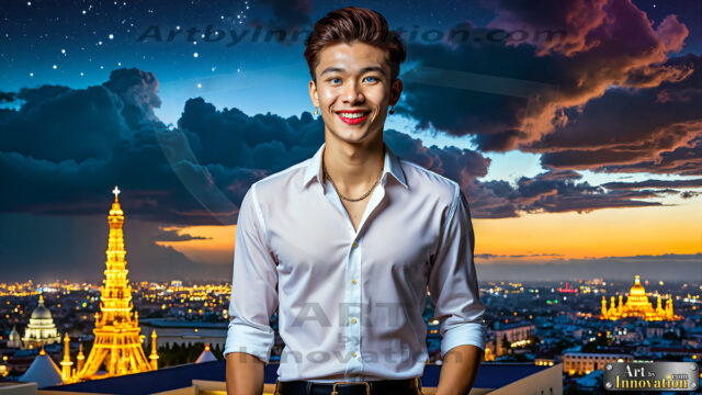 The Men of the Golden City is a collection of AI generated images of beautiful, glamorous, handsome guys in the heavens. The heavenly landscape evokes a sense of magnificence, the majestic gothic architecture, is detailed and crafted to create an atmosphere of reverence and divine glory. The mystical and galactic landscape highlights the golden city. The great detail of the city and the billowing clouds. A golden river flows from the city to the end of the galaxy. The vast galaxy almost covers the image. The stars and constellations sparkle in the galaxy. The city has massive, magnificent, majestic gothic architecture.