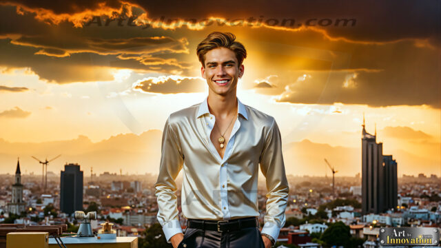 The Men of the Golden City is a collection of AI generated images of beautiful, glamorous, handsome guys in the heavens. The heavenly landscape evokes a sense of magnificence, the majestic gothic architecture, is detailed and crafted to create an atmosphere of reverence and divine glory. The mystical and galactic landscape highlights the golden city. The great detail of the city and the billowing clouds. A golden river flows from the city to the end of the galaxy. The vast galaxy almost covers the image. The stars and constellations sparkle in the galaxy. The city has massive, magnificent, majestic gothic architecture.