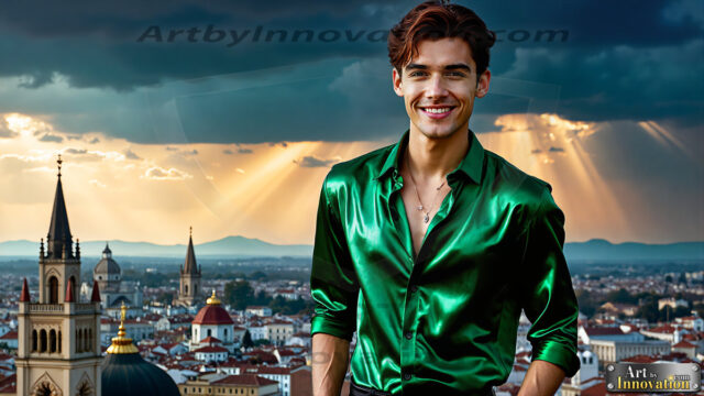 The Men of the Golden City is a collection of AI generated images of beautiful, glamorous, handsome guys in the heavens. The heavenly landscape evokes a sense of magnificence, the majestic gothic architecture, is detailed and crafted to create an atmosphere of reverence and divine glory. The mystical and galactic landscape highlights the golden city. The great detail of the city and the billowing clouds. A golden river flows from the city to the end of the galaxy. The vast galaxy almost covers the image. The stars and constellations sparkle in the galaxy. The city has massive, magnificent, majestic gothic architecture.