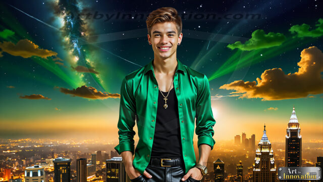 The Men of the Golden City is a collection of AI generated images of beautiful, glamorous, handsome guys in the heavens. The heavenly landscape evokes a sense of magnificence, the majestic gothic architecture, is detailed and crafted to create an atmosphere of reverence and divine glory. The mystical and galactic landscape highlights the golden city. The great detail of the city and the billowing clouds. A golden river flows from the city to the end of the galaxy. The vast galaxy almost covers the image. The stars and constellations sparkle in the galaxy. The city has massive, magnificent, majestic gothic architecture.