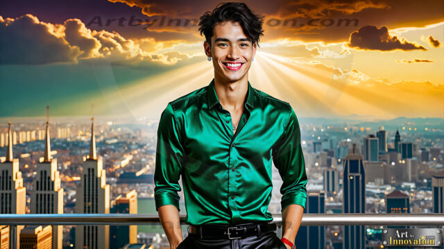 The Men of the Golden City is a collection of AI generated images of beautiful, glamorous, handsome guys in the heavens. The heavenly landscape evokes a sense of magnificence, the majestic gothic architecture, is detailed and crafted to create an atmosphere of reverence and divine glory. The mystical and galactic landscape highlights the golden city. The great detail of the city and the billowing clouds. A golden river flows from the city to the end of the galaxy. The vast galaxy almost covers the image. The stars and constellations sparkle in the galaxy. The city has massive, magnificent, majestic gothic architecture.