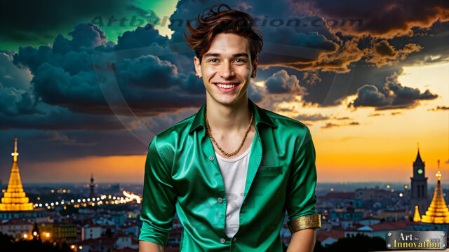 The Men of the Golden City is a collection of AI generated images of beautiful, glamorous, handsome guys in the heavens. The heavenly landscape evokes a sense of magnificence, the majestic gothic architecture, is detailed and crafted to create an atmosphere of reverence and divine glory. The mystical and galactic landscape highlights the golden city. The great detail of the city and the billowing clouds. A golden river flows from the city to the end of the galaxy. The vast galaxy almost covers the image. The stars and constellations sparkle in the galaxy. The city has massive, magnificent, majestic gothic architecture.