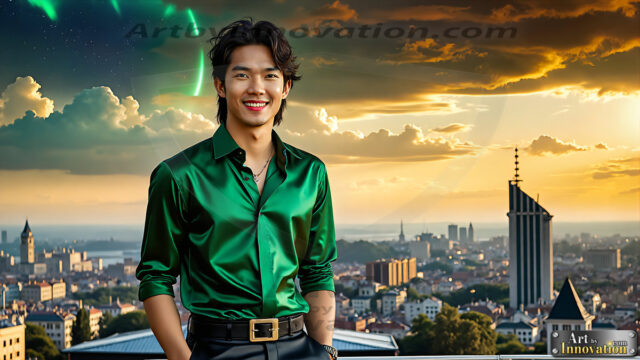 The Men of the Golden City is a collection of AI generated images of beautiful, glamorous, handsome guys in the heavens. The heavenly landscape evokes a sense of magnificence, the majestic gothic architecture, is detailed and crafted to create an atmosphere of reverence and divine glory. The mystical and galactic landscape highlights the golden city. The great detail of the city and the billowing clouds. A golden river flows from the city to the end of the galaxy. The vast galaxy almost covers the image. The stars and constellations sparkle in the galaxy. The city has massive, magnificent, majestic gothic architecture.