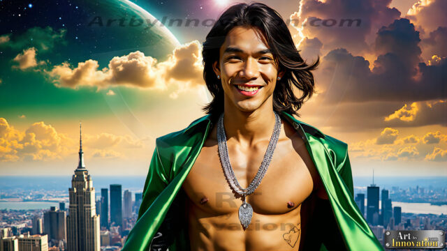 The Men of the Golden City is a collection of AI generated images of beautiful, glamorous, handsome guys in the heavens. The heavenly landscape evokes a sense of magnificence, the majestic gothic architecture, is detailed and crafted to create an atmosphere of reverence and divine glory. The mystical and galactic landscape highlights the golden city. The great detail of the city and the billowing clouds. A golden river flows from the city to the end of the galaxy. The vast galaxy almost covers the image. The stars and constellations sparkle in the galaxy. The city has massive, magnificent, majestic gothic architecture.