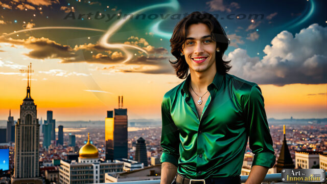 The Men of the Golden City is a collection of AI generated images of beautiful, glamorous, handsome guys in the heavens. The heavenly landscape evokes a sense of magnificence, the majestic gothic architecture, is detailed and crafted to create an atmosphere of reverence and divine glory. The mystical and galactic landscape highlights the golden city. The great detail of the city and the billowing clouds. A golden river flows from the city to the end of the galaxy. The vast galaxy almost covers the image. The stars and constellations sparkle in the galaxy. The city has massive, magnificent, majestic gothic architecture.