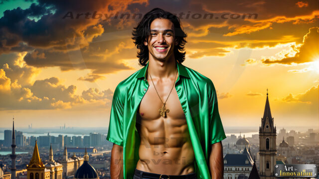 The Men of the Golden City is a collection of AI generated images of beautiful, glamorous, handsome guys in the heavens. The heavenly landscape evokes a sense of magnificence, the majestic gothic architecture, is detailed and crafted to create an atmosphere of reverence and divine glory. The mystical and galactic landscape highlights the golden city. The great detail of the city and the billowing clouds. A golden river flows from the city to the end of the galaxy. The vast galaxy almost covers the image. The stars and constellations sparkle in the galaxy. The city has massive, magnificent, majestic gothic architecture.