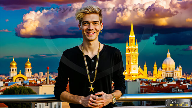 The Men of the Golden City is a collection of AI generated images of beautiful, glamorous, handsome guys in the heavens. The heavenly landscape evokes a sense of magnificence, the majestic gothic architecture, is detailed and crafted to create an atmosphere of reverence and divine glory. The mystical and galactic landscape highlights the golden city. The great detail of the city and the billowing clouds. A golden river flows from the city to the end of the galaxy. The vast galaxy almost covers the image. The stars and constellations sparkle in the galaxy. The city has massive, magnificent, majestic gothic architecture.