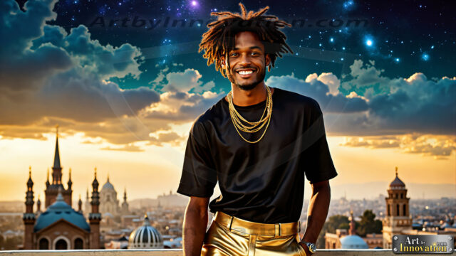 The Men of the Golden City is a collection of AI generated images of beautiful, glamorous, handsome guys in the heavens. The heavenly landscape evokes a sense of magnificence, the majestic gothic architecture, is detailed and crafted to create an atmosphere of reverence and divine glory. The mystical and galactic landscape highlights the golden city. The great detail of the city and the billowing clouds. A golden river flows from the city to the end of the galaxy. The vast galaxy almost covers the image. The stars and constellations sparkle in the galaxy. The city has massive, magnificent, majestic gothic architecture.
