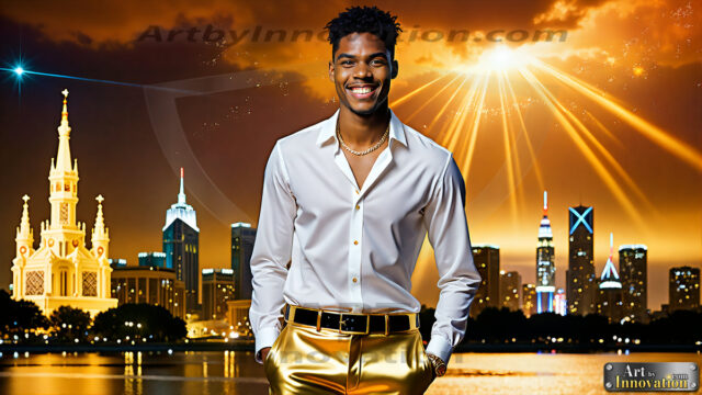 The Men of the Golden City is a collection of AI generated images of beautiful, glamorous, handsome guys in the heavens. The heavenly landscape evokes a sense of magnificence, the majestic gothic architecture, is detailed and crafted to create an atmosphere of reverence and divine glory. The mystical and galactic landscape highlights the golden city. The great detail of the city and the billowing clouds. A golden river flows from the city to the end of the galaxy. The vast galaxy almost covers the image. The stars and constellations sparkle in the galaxy. The city has massive, magnificent, majestic gothic architecture.