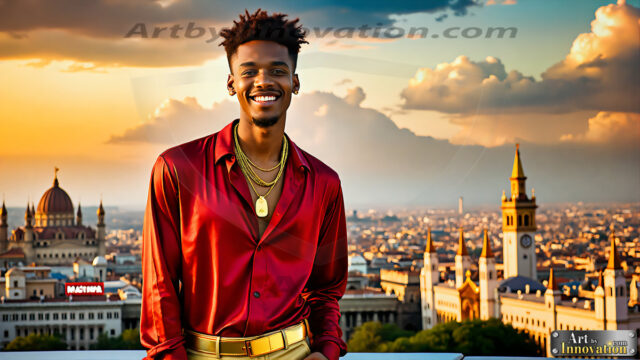 The Men of the Golden City is a collection of AI generated images of beautiful, glamorous, handsome guys in the heavens. The heavenly landscape evokes a sense of magnificence, the majestic gothic architecture, is detailed and crafted to create an atmosphere of reverence and divine glory. The mystical and galactic landscape highlights the golden city. The great detail of the city and the billowing clouds. A golden river flows from the city to the end of the galaxy. The vast galaxy almost covers the image. The stars and constellations sparkle in the galaxy. The city has massive, magnificent, majestic gothic architecture.