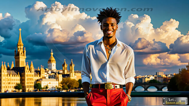 The Men of the Golden City is a collection of AI generated images of beautiful, glamorous, handsome guys in the heavens. The heavenly landscape evokes a sense of magnificence, the majestic gothic architecture, is detailed and crafted to create an atmosphere of reverence and divine glory. The mystical and galactic landscape highlights the golden city. The great detail of the city and the billowing clouds. A golden river flows from the city to the end of the galaxy. The vast galaxy almost covers the image. The stars and constellations sparkle in the galaxy. The city has massive, magnificent, majestic gothic architecture.