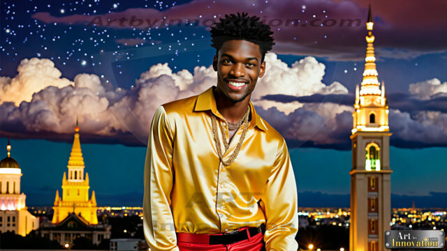 The Men of the Golden City is a collection of AI generated images of beautiful, glamorous, handsome guys in the heavens. The heavenly landscape evokes a sense of magnificence, the majestic gothic architecture, is detailed and crafted to create an atmosphere of reverence and divine glory. The mystical and galactic landscape highlights the golden city. The great detail of the city and the billowing clouds. A golden river flows from the city to the end of the galaxy. The vast galaxy almost covers the image. The stars and constellations sparkle in the galaxy. The city has massive, magnificent, majestic gothic architecture.