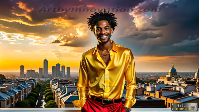 The Men of the Golden City is a collection of AI generated images of beautiful, glamorous, handsome guys in the heavens. The heavenly landscape evokes a sense of magnificence, the majestic gothic architecture, is detailed and crafted to create an atmosphere of reverence and divine glory. The mystical and galactic landscape highlights the golden city. The great detail of the city and the billowing clouds. A golden river flows from the city to the end of the galaxy. The vast galaxy almost covers the image. The stars and constellations sparkle in the galaxy. The city has massive, magnificent, majestic gothic architecture.