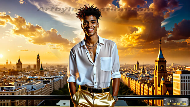The Men of the Golden City is a collection of AI generated images of beautiful, glamorous, handsome guys in the heavens. The heavenly landscape evokes a sense of magnificence, the majestic gothic architecture, is detailed and crafted to create an atmosphere of reverence and divine glory. The mystical and galactic landscape highlights the golden city. The great detail of the city and the billowing clouds. A golden river flows from the city to the end of the galaxy. The vast galaxy almost covers the image. The stars and constellations sparkle in the galaxy. The city has massive, magnificent, majestic gothic architecture.
