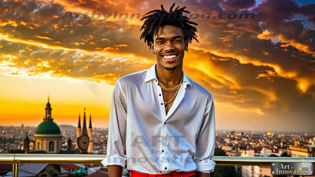 The Men of the Golden City is a collection of AI generated images of beautiful, glamorous, handsome guys in the heavens. The heavenly landscape evokes a sense of magnificence, the majestic gothic architecture, is detailed and crafted to create an atmosphere of reverence and divine glory. The mystical and galactic landscape highlights the golden city. The great detail of the city and the billowing clouds. A golden river flows from the city to the end of the galaxy. The vast galaxy almost covers the image. The stars and constellations sparkle in the galaxy. The city has massive, magnificent, majestic gothic architecture.