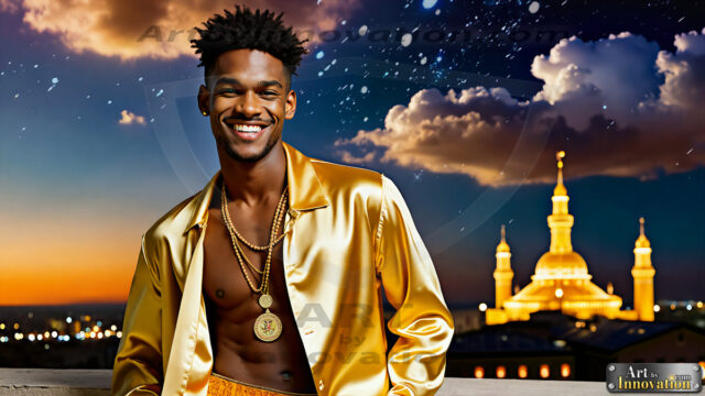 The Men of the Golden City is a collection of AI generated images of beautiful, glamorous, handsome guys in the heavens. The heavenly landscape evokes a sense of magnificence, the majestic gothic architecture, is detailed and crafted to create an atmosphere of reverence and divine glory. The mystical and galactic landscape highlights the golden city. The great detail of the city and the billowing clouds. A golden river flows from the city to the end of the galaxy. The vast galaxy almost covers the image. The stars and constellations sparkle in the galaxy. The city has massive, magnificent, majestic gothic architecture.