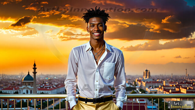 The Men of the Golden City is a collection of AI generated images of beautiful, glamorous, handsome guys in the heavens. The heavenly landscape evokes a sense of magnificence, the majestic gothic architecture, is detailed and crafted to create an atmosphere of reverence and divine glory. The mystical and galactic landscape highlights the golden city. The great detail of the city and the billowing clouds. A golden river flows from the city to the end of the galaxy. The vast galaxy almost covers the image. The stars and constellations sparkle in the galaxy. The city has massive, magnificent, majestic gothic architecture.