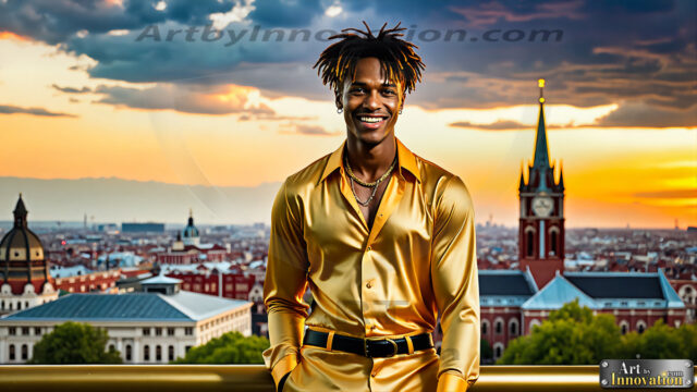 The Men of the Golden City is a collection of AI generated images of beautiful, glamorous, handsome guys in the heavens. The heavenly landscape evokes a sense of magnificence, the majestic gothic architecture, is detailed and crafted to create an atmosphere of reverence and divine glory. The mystical and galactic landscape highlights the golden city. The great detail of the city and the billowing clouds. A golden river flows from the city to the end of the galaxy. The vast galaxy almost covers the image. The stars and constellations sparkle in the galaxy. The city has massive, magnificent, majestic gothic architecture.