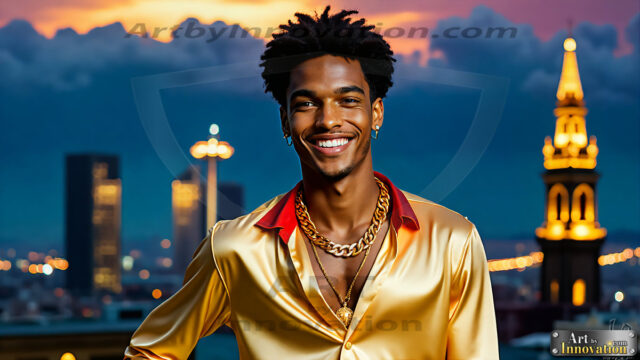 The Men of the Golden City is a collection of AI generated images of beautiful, glamorous, handsome guys in the heavens. The heavenly landscape evokes a sense of magnificence, the majestic gothic architecture, is detailed and crafted to create an atmosphere of reverence and divine glory. The mystical and galactic landscape highlights the golden city. The great detail of the city and the billowing clouds. A golden river flows from the city to the end of the galaxy. The vast galaxy almost covers the image. The stars and constellations sparkle in the galaxy. The city has massive, magnificent, majestic gothic architecture.