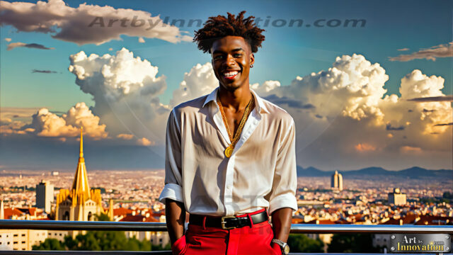 The Men of the Golden City is a collection of AI generated images of beautiful, glamorous, handsome guys in the heavens. The heavenly landscape evokes a sense of magnificence, the majestic gothic architecture, is detailed and crafted to create an atmosphere of reverence and divine glory. The mystical and galactic landscape highlights the golden city. The great detail of the city and the billowing clouds. A golden river flows from the city to the end of the galaxy. The vast galaxy almost covers the image. The stars and constellations sparkle in the galaxy. The city has massive, magnificent, majestic gothic architecture.