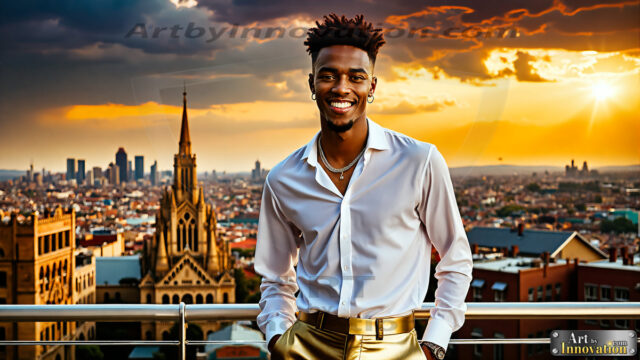 The Men of the Golden City is a collection of AI generated images of beautiful, glamorous, handsome guys in the heavens. The heavenly landscape evokes a sense of magnificence, the majestic gothic architecture, is detailed and crafted to create an atmosphere of reverence and divine glory. The mystical and galactic landscape highlights the golden city. The great detail of the city and the billowing clouds. A golden river flows from the city to the end of the galaxy. The vast galaxy almost covers the image. The stars and constellations sparkle in the galaxy. The city has massive, magnificent, majestic gothic architecture.