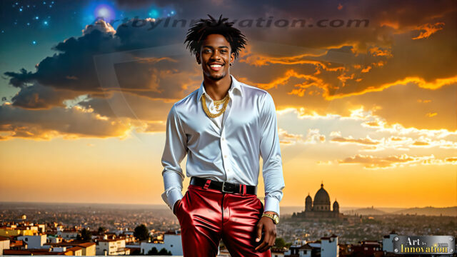 The Men of the Golden City is a collection of AI generated images of beautiful, glamorous, handsome guys in the heavens. The heavenly landscape evokes a sense of magnificence, the majestic gothic architecture, is detailed and crafted to create an atmosphere of reverence and divine glory. The mystical and galactic landscape highlights the golden city. The great detail of the city and the billowing clouds. A golden river flows from the city to the end of the galaxy. The vast galaxy almost covers the image. The stars and constellations sparkle in the galaxy. The city has massive, magnificent, majestic gothic architecture.