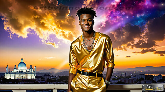 The Men of the Golden City is a collection of AI generated images of beautiful, glamorous, handsome guys in the heavens. The heavenly landscape evokes a sense of magnificence, the majestic gothic architecture, is detailed and crafted to create an atmosphere of reverence and divine glory. The mystical and galactic landscape highlights the golden city. The great detail of the city and the billowing clouds. A golden river flows from the city to the end of the galaxy. The vast galaxy almost covers the image. The stars and constellations sparkle in the galaxy. The city has massive, magnificent, majestic gothic architecture.