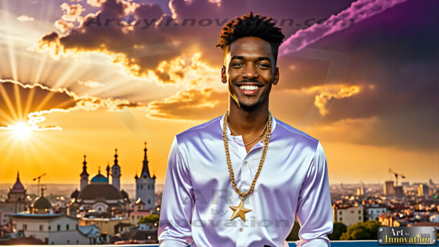 The Men of the Golden City is a collection of AI generated images of beautiful, glamorous, handsome guys in the heavens. The heavenly landscape evokes a sense of magnificence, the majestic gothic architecture, is detailed and crafted to create an atmosphere of reverence and divine glory. The mystical and galactic landscape highlights the golden city. The great detail of the city and the billowing clouds. A golden river flows from the city to the end of the galaxy. The vast galaxy almost covers the image. The stars and constellations sparkle in the galaxy. The city has massive, magnificent, majestic gothic architecture.