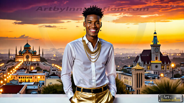 The Men of the Golden City is a collection of AI generated images of beautiful, glamorous, handsome guys in the heavens. The heavenly landscape evokes a sense of magnificence, the majestic gothic architecture, is detailed and crafted to create an atmosphere of reverence and divine glory. The mystical and galactic landscape highlights the golden city. The great detail of the city and the billowing clouds. A golden river flows from the city to the end of the galaxy. The vast galaxy almost covers the image. The stars and constellations sparkle in the galaxy. The city has massive, magnificent, majestic gothic architecture.