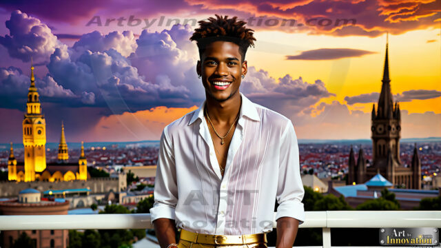 The Men of the Golden City is a collection of AI generated images of beautiful, glamorous, handsome guys in the heavens. The heavenly landscape evokes a sense of magnificence, the majestic gothic architecture, is detailed and crafted to create an atmosphere of reverence and divine glory. The mystical and galactic landscape highlights the golden city. The great detail of the city and the billowing clouds. A golden river flows from the city to the end of the galaxy. The vast galaxy almost covers the image. The stars and constellations sparkle in the galaxy. The city has massive, magnificent, majestic gothic architecture.