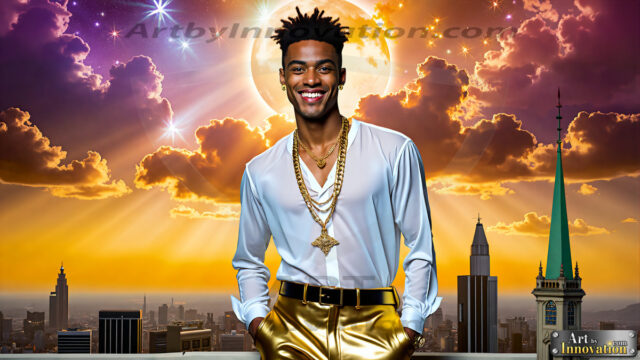 The Men of the Golden City is a collection of AI generated images of beautiful, glamorous, handsome guys in the heavens. The heavenly landscape evokes a sense of magnificence, the majestic gothic architecture, is detailed and crafted to create an atmosphere of reverence and divine glory. The mystical and galactic landscape highlights the golden city. The great detail of the city and the billowing clouds. A golden river flows from the city to the end of the galaxy. The vast galaxy almost covers the image. The stars and constellations sparkle in the galaxy. The city has massive, magnificent, majestic gothic architecture.