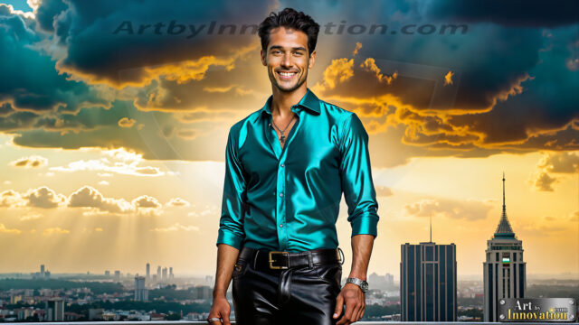 The Men of the Golden City is a collection of AI generated images of beautiful, glamorous, handsome guys in the heavens. The heavenly landscape evokes a sense of magnificence, the majestic gothic architecture, is detailed and crafted to create an atmosphere of reverence and divine glory. The mystical and galactic landscape highlights the golden city. The great detail of the city and the billowing clouds. A golden river flows from the city to the end of the galaxy. The vast galaxy almost covers the image. The stars and constellations sparkle in the galaxy. The city has massive, magnificent, majestic gothic architecture.