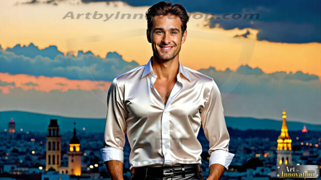 The Men of the Golden City is a collection of AI generated images of beautiful, glamorous, handsome guys in the heavens. The heavenly landscape evokes a sense of magnificence, the majestic gothic architecture, is detailed and crafted to create an atmosphere of reverence and divine glory. The mystical and galactic landscape highlights the golden city. The great detail of the city and the billowing clouds. A golden river flows from the city to the end of the galaxy. The vast galaxy almost covers the image. The stars and constellations sparkle in the galaxy. The city has massive, magnificent, majestic gothic architecture.