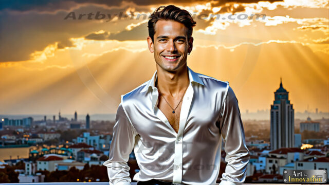 The Men of the Golden City is a collection of AI generated images of beautiful, glamorous, handsome guys in the heavens. The heavenly landscape evokes a sense of magnificence, the majestic gothic architecture, is detailed and crafted to create an atmosphere of reverence and divine glory. The mystical and galactic landscape highlights the golden city. The great detail of the city and the billowing clouds. A golden river flows from the city to the end of the galaxy. The vast galaxy almost covers the image. The stars and constellations sparkle in the galaxy. The city has massive, magnificent, majestic gothic architecture.