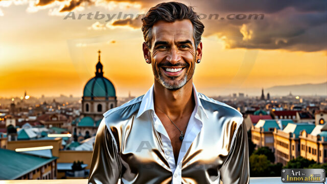 The Men of the Golden City is a collection of AI generated images of beautiful, glamorous, handsome guys in the heavens. The heavenly landscape evokes a sense of magnificence, the majestic gothic architecture, is detailed and crafted to create an atmosphere of reverence and divine glory. The mystical and galactic landscape highlights the golden city. The great detail of the city and the billowing clouds. A golden river flows from the city to the end of the galaxy. The vast galaxy almost covers the image. The stars and constellations sparkle in the galaxy. The city has massive, magnificent, majestic gothic architecture.