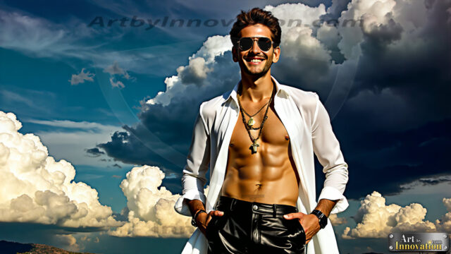 The Men of the Golden City is a collection of AI generated images of beautiful, glamorous, handsome guys in the heavens. The heavenly landscape evokes a sense of magnificence, the majestic gothic architecture, is detailed and crafted to create an atmosphere of reverence and divine glory. The mystical and galactic landscape highlights the golden city. The great detail of the city and the billowing clouds. A golden river flows from the city to the end of the galaxy. The vast galaxy almost covers the image. The stars and constellations sparkle in the galaxy. The city has massive, magnificent, majestic gothic architecture.