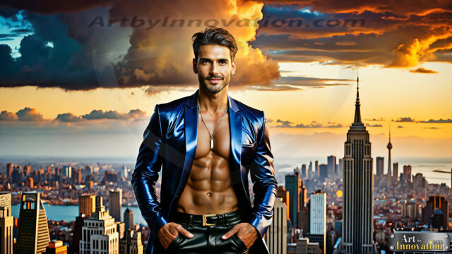 The Men of the Golden City is a collection of AI generated images of beautiful, glamorous, handsome guys in the heavens. The heavenly landscape evokes a sense of magnificence, the majestic gothic architecture, is detailed and crafted to create an atmosphere of reverence and divine glory. The mystical and galactic landscape highlights the golden city. The great detail of the city and the billowing clouds. A golden river flows from the city to the end of the galaxy. The vast galaxy almost covers the image. The stars and constellations sparkle in the galaxy. The city has massive, magnificent, majestic gothic architecture.