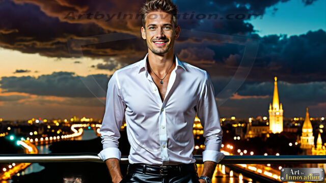 The Men of the Golden City is a collection of AI generated images of beautiful, glamorous, handsome guys in the heavens. The heavenly landscape evokes a sense of magnificence, the majestic gothic architecture, is detailed and crafted to create an atmosphere of reverence and divine glory. The mystical and galactic landscape highlights the golden city. The great detail of the city and the billowing clouds. A golden river flows from the city to the end of the galaxy. The vast galaxy almost covers the image. The stars and constellations sparkle in the galaxy. The city has massive, magnificent, majestic gothic architecture.