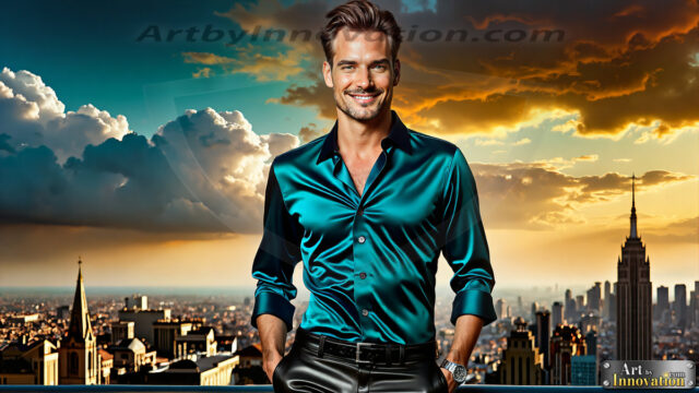 The Men of the Golden City is a collection of AI generated images of beautiful, glamorous, handsome guys in the heavens. The heavenly landscape evokes a sense of magnificence, the majestic gothic architecture, is detailed and crafted to create an atmosphere of reverence and divine glory. The mystical and galactic landscape highlights the golden city. The great detail of the city and the billowing clouds. A golden river flows from the city to the end of the galaxy. The vast galaxy almost covers the image. The stars and constellations sparkle in the galaxy. The city has massive, magnificent, majestic gothic architecture.