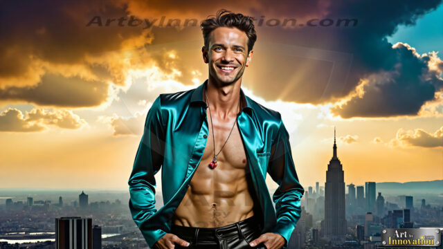 The Men of the Golden City is a collection of AI generated images of beautiful, glamorous, handsome guys in the heavens. The heavenly landscape evokes a sense of magnificence, the majestic gothic architecture, is detailed and crafted to create an atmosphere of reverence and divine glory. The mystical and galactic landscape highlights the golden city. The great detail of the city and the billowing clouds. A golden river flows from the city to the end of the galaxy. The vast galaxy almost covers the image. The stars and constellations sparkle in the galaxy. The city has massive, magnificent, majestic gothic architecture.